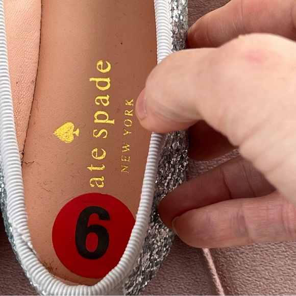 kate spade silver glitter ballet flats with bow and gold medallion - Picture 3 of 7